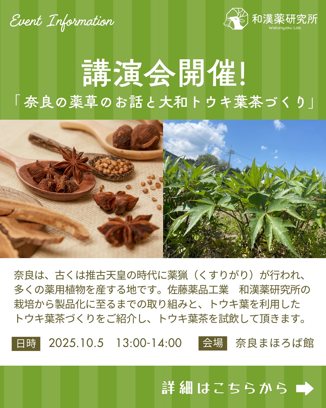 講演会開催のお知らせ～奈良の薬草のお話と大和トウキ葉茶づくり～